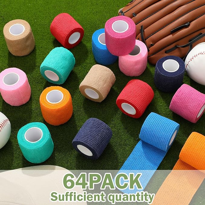 Treela 64 Pack 2" x 5 Yards Self Adhesive Cohesive Bandage Wraps, Elastic Breathable Athletic Tape, Flexible Self Adherent Bandage Rolls for Wrist, Ankle, Fingers, Sports & Pets (Mixed Colors)