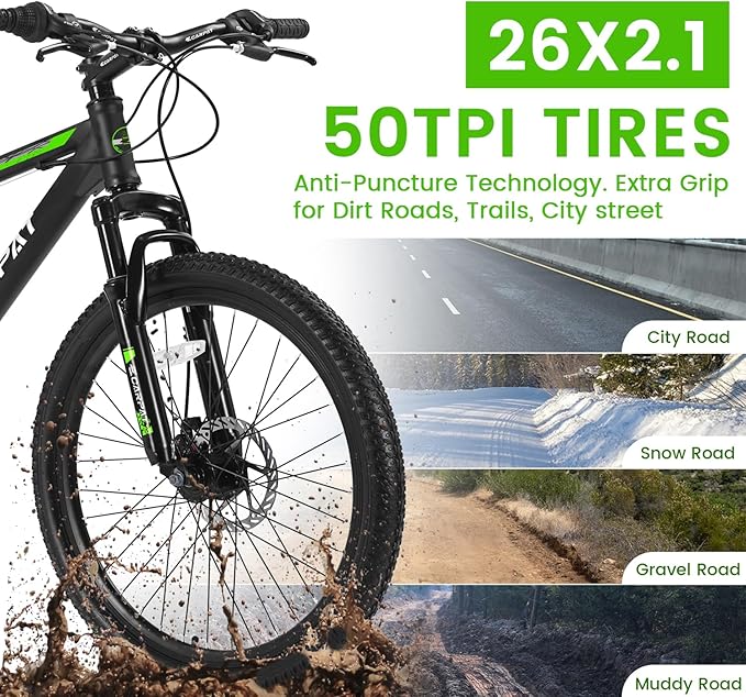 24/26 Inch Mountain Bike, 21 Speed Mountain Bicycle with High Carbon Steel Frame, Dual Disc Brakes and Front Suspension, MTB Bike for Adult Teenagers Boys Girls