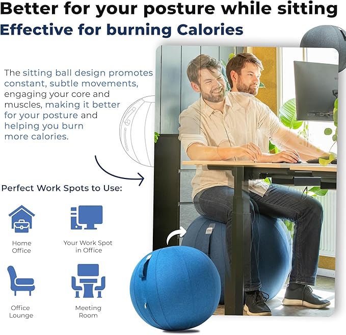 Balance Ball Chair for Office & Home - Ergonomic Exercise Ball for Posture & Back Pain Relief, Yoga Ball Chair - Sitting Ball with Washable Linen Cover