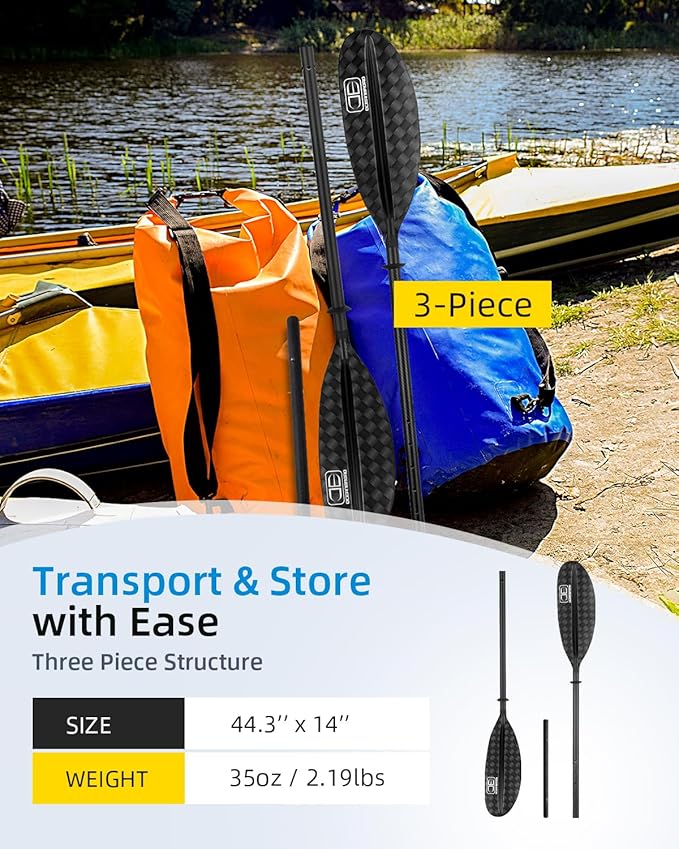 OCEANBROAD Adjustable Carbon Fiber Kayak Paddle 86in/220cm to 94in/240cm Kayaking Oar for Adults with Paddle Leash 1 Paddle