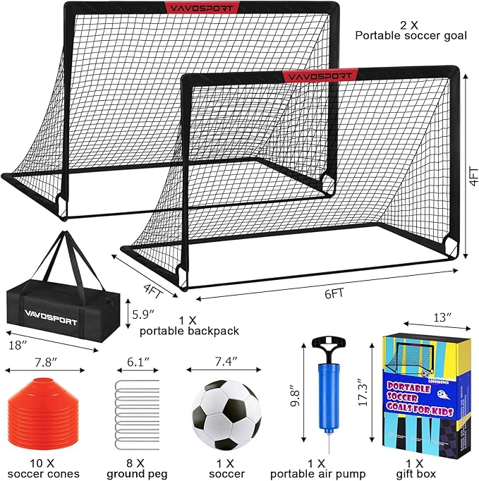 Soccer Goal, 2 of 6'x4' Kids Soccer Goals for Backyard Set, Portable Pop Up Soccer Net, Practice Soccer Training Equipment with Ball, Cones for Toddler,Youth Sports Outdoor Games Yard Play