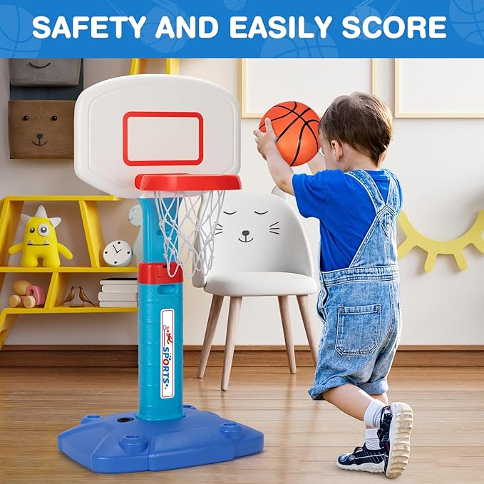LACCHOUFEE Basketball Hoop Indoor Outdoor Toys for Toddlers 1-3, Kids Basketball Hoop with 3 Balls, Adjustable Mini Basketball Goal, Birthday Sports Toys Gift for Baby Boys Girls Age 1 and Up - Blue