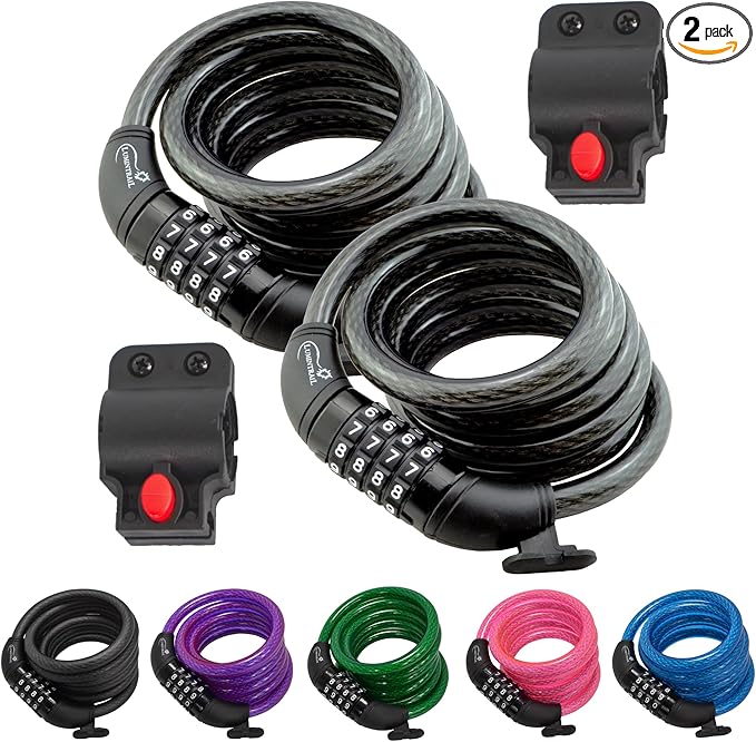 Lumintrail Combination Bike Lock Cable - 6 Feet Bike Locks 2 Pack Heavy Duty Anti Theft with Combinations - Bike Cable Lock Combination with Mounting Brackett (2 Pack, Black)