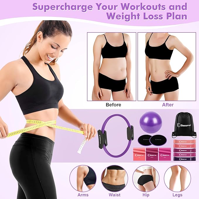 Pilates Ring Set Exercise Equipment with Exercise Bands Resistance Bands Set, Pilates Ball, Sliding Disks ā Workout Equipment Home Gym Includes Complete Fitness Poster