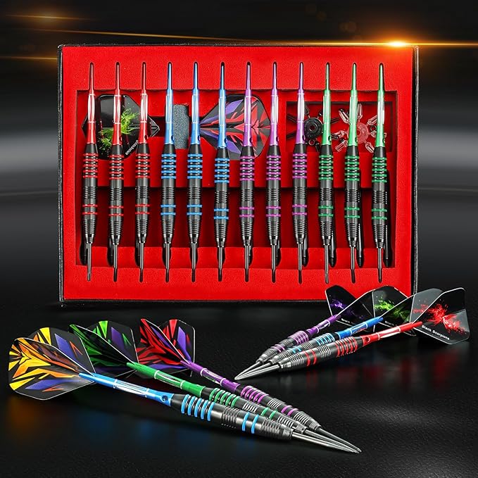 Darts Metal Tip Set Professional Metal Darts for Dartboard Steel Tip Darts with Nonslip Iron Barrel Aluminum Dart Shafts,Extra Flights,Dart Sharpener,Gift Box
