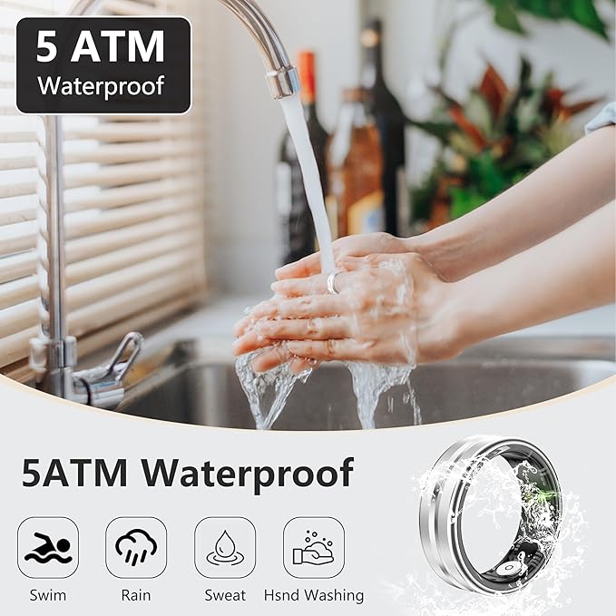 Thin Smart Ring for Fitness & Health Tracking -Pedometer,Sleep/Heart Rate/Blood Oxygen Monitor, Gesture Control / 5ATM Waterproof -No APP Subscription Compatible with Android& iOS (Silver, 12)