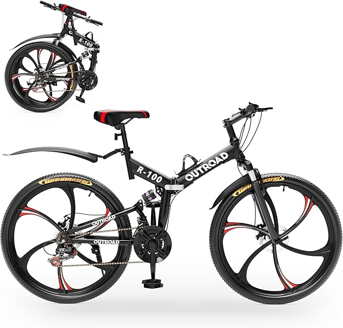 Outroad 26 Inch Folding Mountain Bike, 21 Speed Full Suspension High-Carbon Steel MTB Foldable Bicycle, Dual Disc Brake Non-Slip Folding Bikes for Adults/Men/Women, Black, Orange and Green