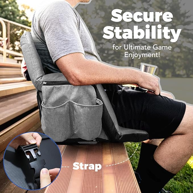 Wide Stadium Seats with Back Support, Exclusive Sofa Style Design Extra Thick Bleacher Chairs with Back and Cushion, 6 Reclining Positions - Ultimate Comfort for Sports Events (Grey, 25")