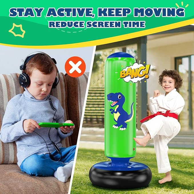QPAU Inflatable Punching Bag, 48 Inch Stable Inflatable Boxing Bag for 3-6 Kids,Dinosaur Toy & Gifts for Boys and Girls, Kids Boxing Set for Practicing Karate, Taekwondo
