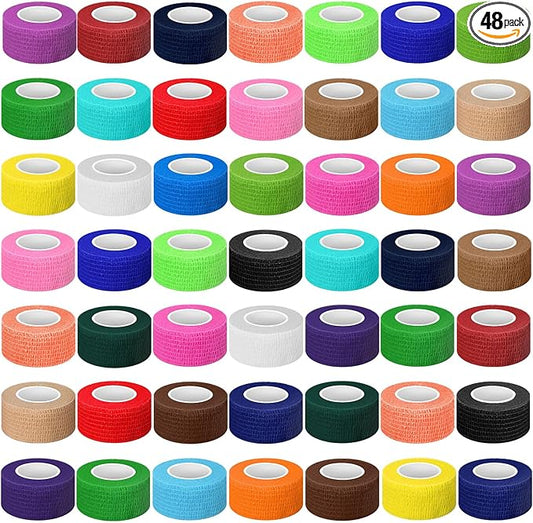 Treela 48 Pack Self Adhesive Wrap Bandage Bulk, Self Adherent Cohesive Bandage Elastic Athletic Tape Breathable Wound Tape for Stretch Athletic Sports Wrist Ankle(Multicolor,1 Inch X 5 Yards)