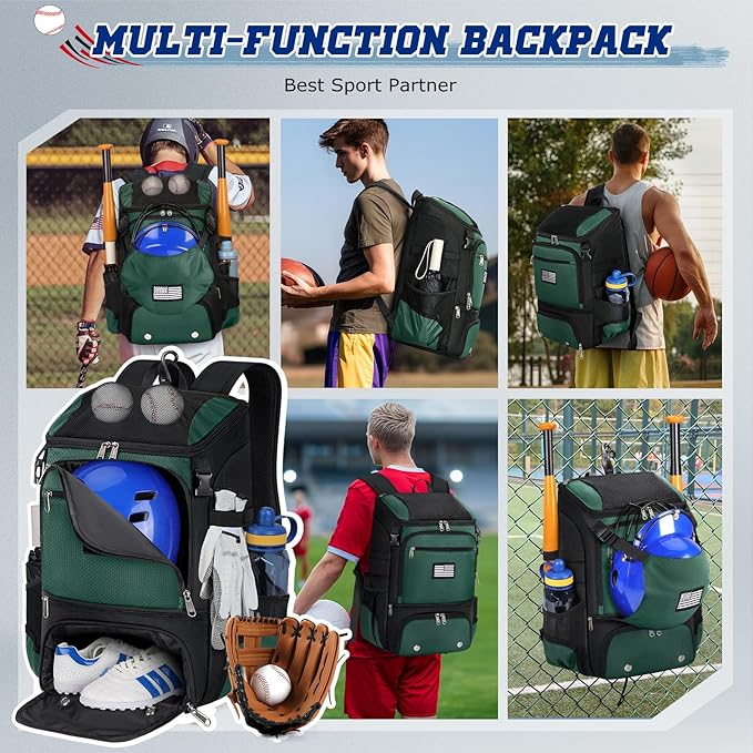 RAINSMORE Baseball Backpack, Lightweight Softball Bag with Shoe Compartment Baseball Bag for Youth & Adult Softball Bat Bag with Fence Hook Helmet Holder Sports Backpack for T-Ball