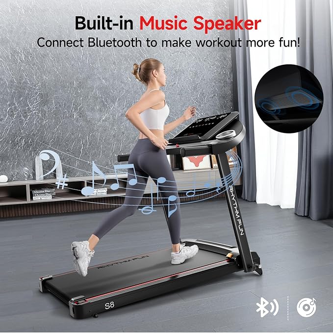 RHYTHM FUN Treadmill with Incline, 8.0 MPH Treadmills for Home with 8% Incline, Foldable Treadmill with Handles, Low Noise Walking Pad for 300 lbs