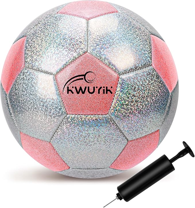 Soccer Ball Size 3 4 5 Glitter Pink Purple Silver with Pump Toddler Soccer Ball for Kids Aged 3-6 6-8 8-12 Outdoor Training Ball for Girls Boys Children Youth Teens
