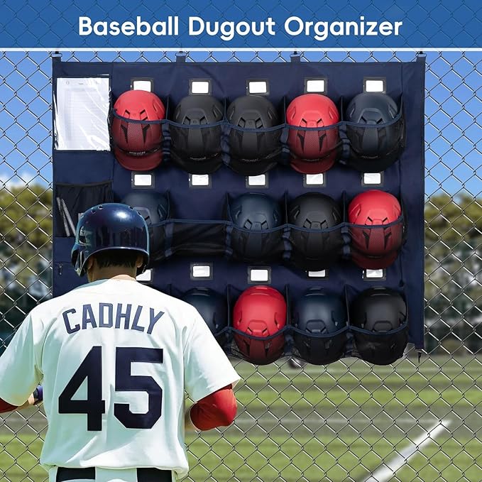 Baseball/Softball Dugout Organizer - 15+ Helmet & Glove Storage Bag, Military-Grade 900D Fabric & 6 Reinforced Steel Hooks