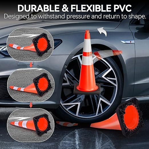 28 Inch Traffic Cones with Heavy Weighted Base (8 Pack) - Orange Safety Cones with Reflective Collars for Parking Lots, Road Construction, and Event Control