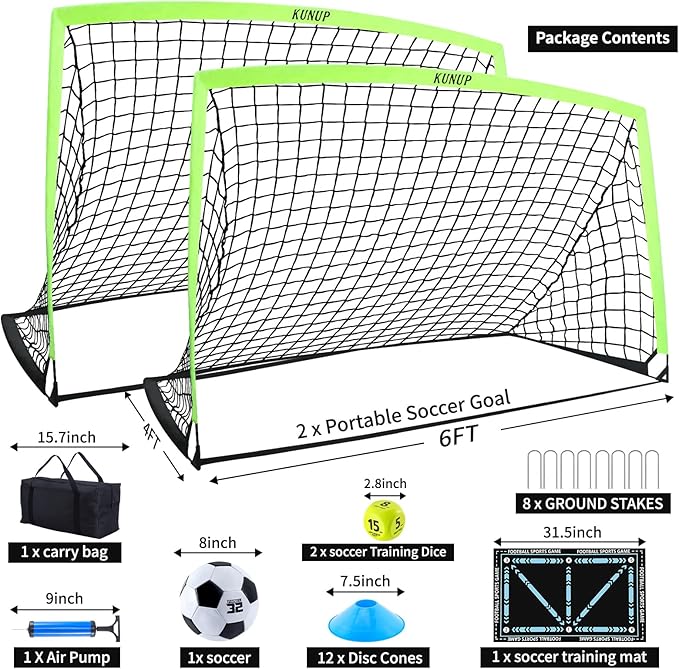 2 Pack Kids Soccer Goal for Backyard Set 6x4FT Portable Pop Up Soccer Net Training Equipment with Soccer Ball, Training Dice Mat, Cones and Carry Bag for Youth Toddler Teams Indoor Outdoor Sport Game