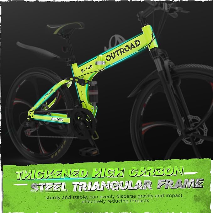 Outroad 26 Inch Folding Mountain Bike, 21 Speed Full Suspension High-Carbon Steel MTB Foldable Bicycle, Dual Disc Brake Non-Slip Folding Bikes for Adults/Men/Women, Black, Orange and Green