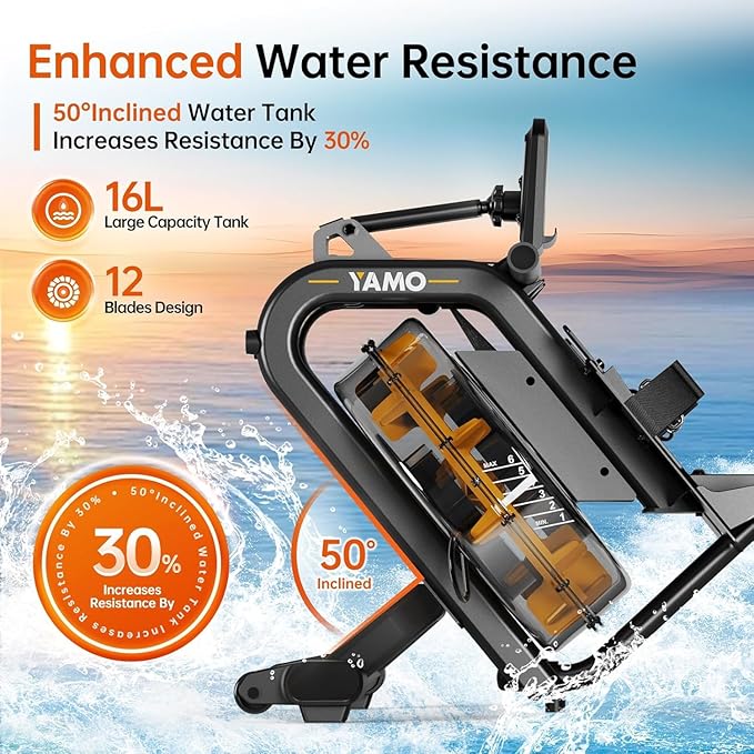 YAMO Water Rowing Machine for Home, Row Machine with 330LB Weight Capacity, Support Bluetooth & Compatible with Apps, Water Row Machine with Comfortable Seat and Tablet Holder