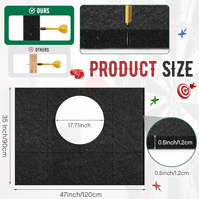 Extended Length Dart Board Surround Wall Protectors Fit 17.75'' and 18'' Dartboard Dart Backboard Felt Wall with Removable Adhesive Tabs