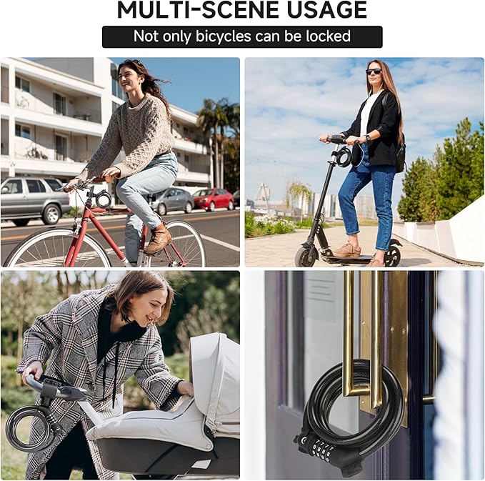 Bike Lock, 3.9 Feet 4-Digit Resettable Combination Password Anti-Theft Cable Lock, Cute Coiled Bike Lock with Mounting Bracket, Suitable for Bicycles, Electric Scooters, Ebikes (Black-12mm)
