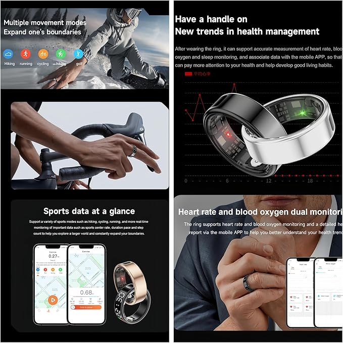 Smart Ring Health Fitness Tracker, Touch Screen Smart Ring for Men and Women, Sleeping Steps Heart Rate Blood Oxygen Monitor, Remote Photography LED Display Ring Waterproof Fitness Ring (Gold, 10)