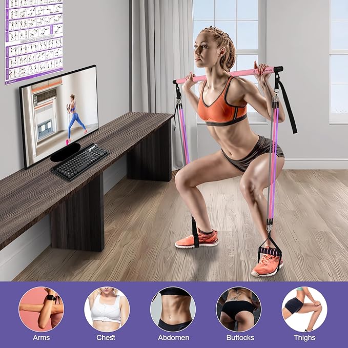 Portable Pilates Bar Kit with Resistance Bands for Men and Women - 3 Set Exercise Resistance Bands - Multifunctional Home Gym - Supports Full-Body Workouts โ with Fitness Poster and Video