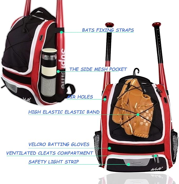 WOLT Youth Baseball Bag - Bat Backpack for Baseball, T-Ball & Softball Equipment & Gear, Bat & Glove Holder, Large Main Compartment for Helmet & accessories, Separate Shoes Compartment, Fence Hook