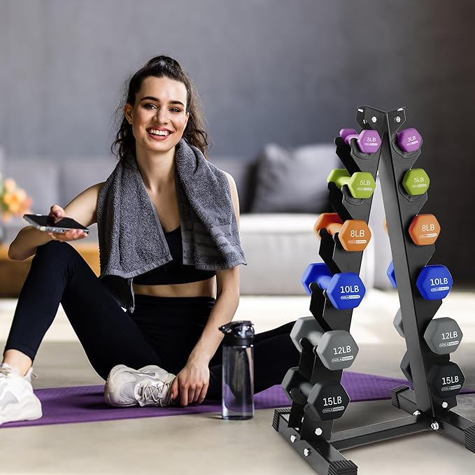 HolaHatha 2, 3, 5, 8, and 10 Pound Neoprene Dumbbell Free Hand Weight Set with Rack, Ideal for Home Exercises to Gain Tone and Definition, Pastel