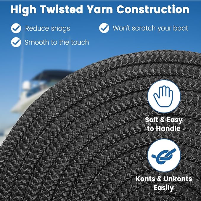 Premium Marine-Grade Dock Lines - 4 Pack 3/8" x 20' Strength-Tested Double Braided Nylon Boat Ropes with 12" Security Loops | Heavy-Duty Docking & Mooring Rope