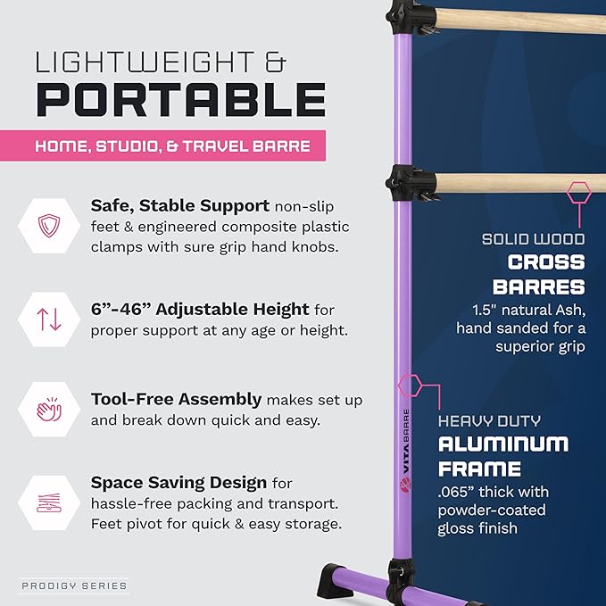 VITA Barre Portable Freestanding Double Ballet Barre, Prodigy, Wood | Adjustable Height, USA Made, Home or Gym Exercise Equipment for Kids & Adults | Dance, Fitness, Pilates
