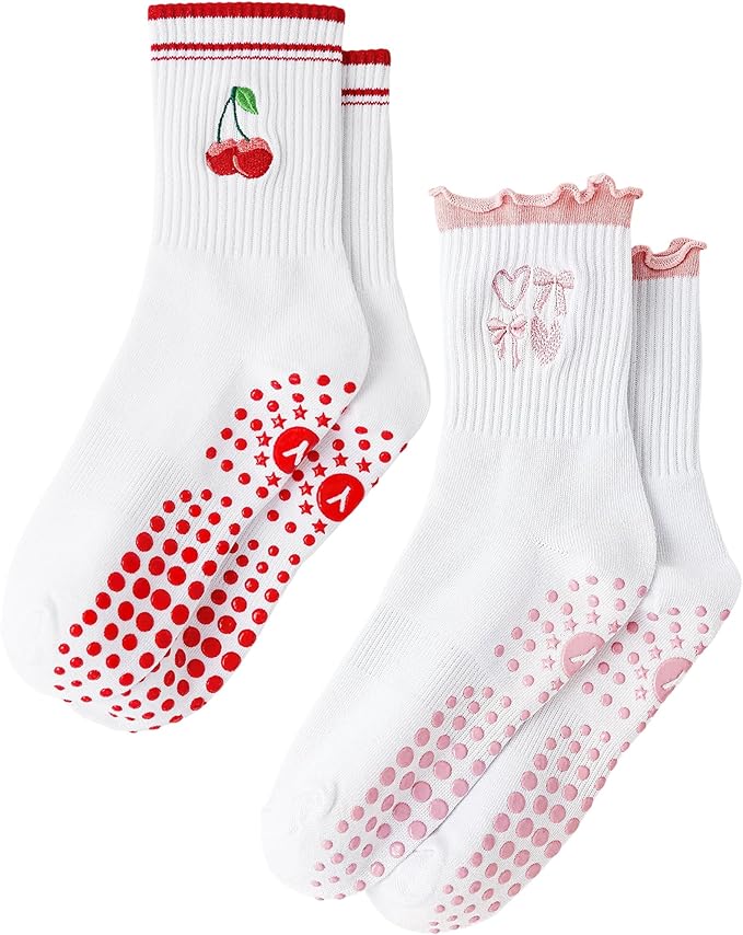 Yawlsow Pilates Grip Socks for Women Yoga Grippy Socks Cute Barre Non Skid Athletic Crew Sticky Sock Workout Hospital