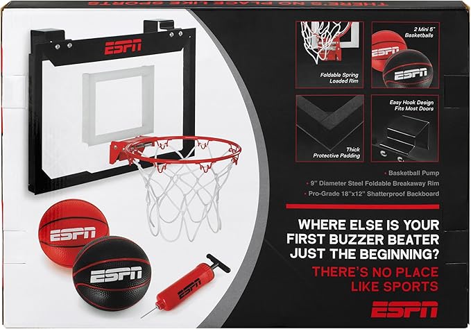 ESPN Mini Basketball Hoop, Over The Door Basketball Hoop with Foldable Breakaway Rim, Includes 2 Mini Basketballs and Pump