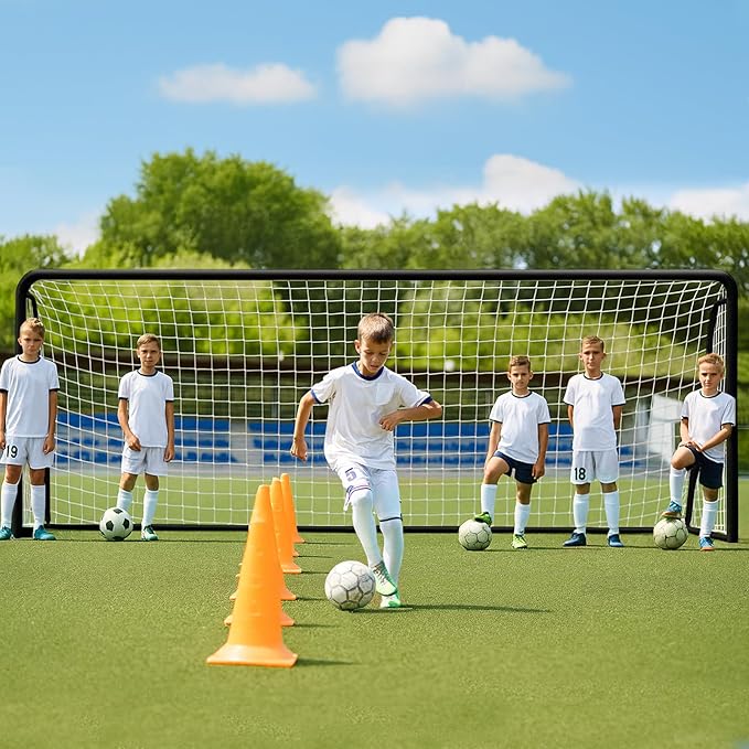 MOPHOTO 6x4/8x6/10x6.5/12x6/16x7ft Soccer Goals for Backyard, Foldable Steel Soccer Goal with 6 Cones, Weatherproof Soccer Goal for Teens/Adults Practice Training