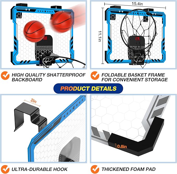 ropoda Indoor Basketball Hoop, Mini Hoop with Remote Controll, 7 LED Lights, 3 Modes Scoreboard, Mini Hoop with 4 Balls Over The Door, Basketball Hoop Indoor, Toys Gifts for Kids Adults
