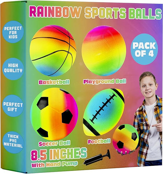 Rainbow Sports Balls for Kids & Toddlers - (Pack of 4) 8.5-Inch Neon Sport Ball Set Includes Football, Soccer, Basketball, & Playground Balls, Inflatable Indoor & Outdoor Fun Toys - Birthday Gift