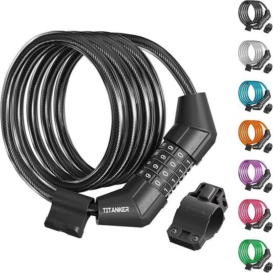 Titanker Bike Lock Cable, 4 Feet Bike Cable Lock Basic Self Coiling Kids Bike Lock Combination with Complimentary Mounting Bracket, 5/16 Inch Diameter (4FT, Black-8mm)