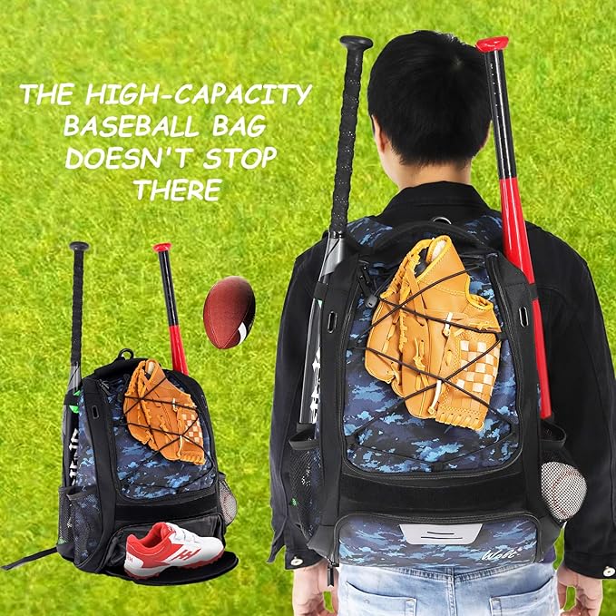 WOLT Youth Baseball Bag - Bat Backpack for Baseball, T-Ball & Softball Equipment & Gear, Bat & Glove Holder, Large Main Compartment for Helmet & accessories, Separate Shoes Compartment, Fence Hook