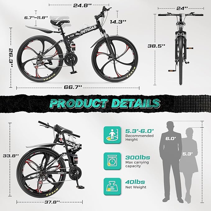Outroad 26 Inch Folding Mountain Bike, 21 Speed Full Suspension High-Carbon Steel MTB Foldable Bicycle, Dual Disc Brake Non-Slip Folding Bikes for Adults/Men/Women, Black, Orange and Green