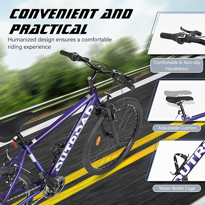 Outroad 26 Inch Mountain Bike, 7/21-Speed/High-Carbon Steel/Aviation Grade Frame, Dual Disc/V Brake, Adjustable Ergonomic Seat Bicycle for Men Women Adult, Quick Assembly in 20 Minutes