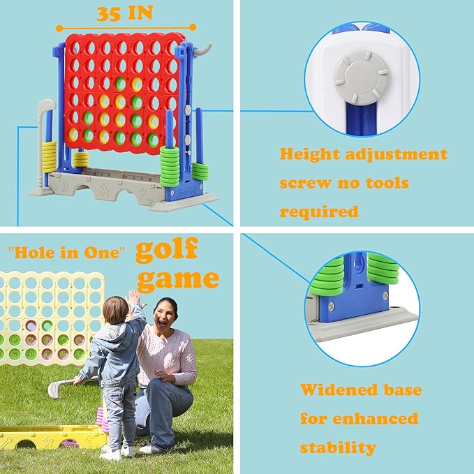 SDADI Height Adjustable 3-in-1 Giant 4 in a Row Connect Game, Jumbo 4-to-Score Game with Golf Game and Ring Toss Set, Indoor Outdoor Yard Game Party Game for Kids Adults and Family, Blue