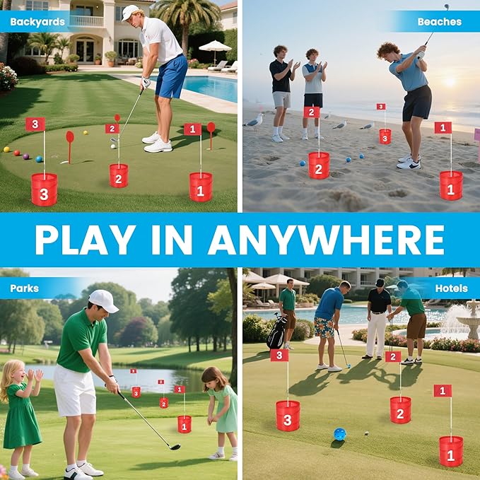 Golf Bucket Yard Game 6-Hole Set with 2 Clubs, Portable Outdoor Yard Game for Family and Adults, Golf Chipping Practice for Lawn, Beach, Camping, Park