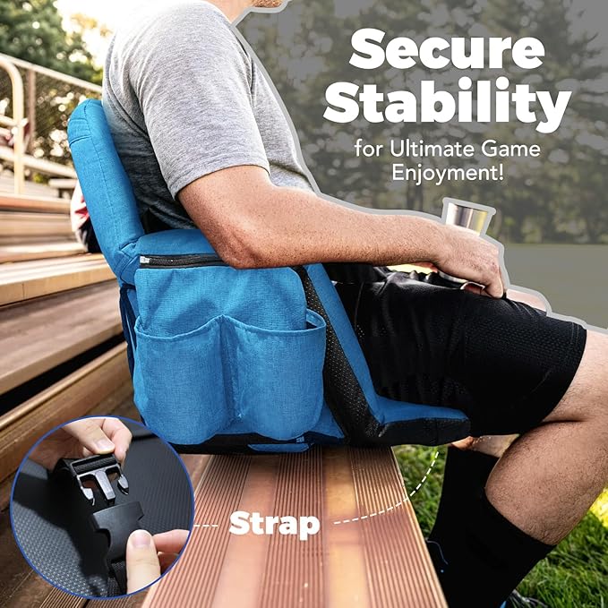 Wide Stadium Seats with Back Support, Exclusive Sofa Style Design Extra Thick Bleacher Chairs with Back and Cushion, 6 Reclining Positions - Ultimate Comfort for Sports Events (Blue, 25")