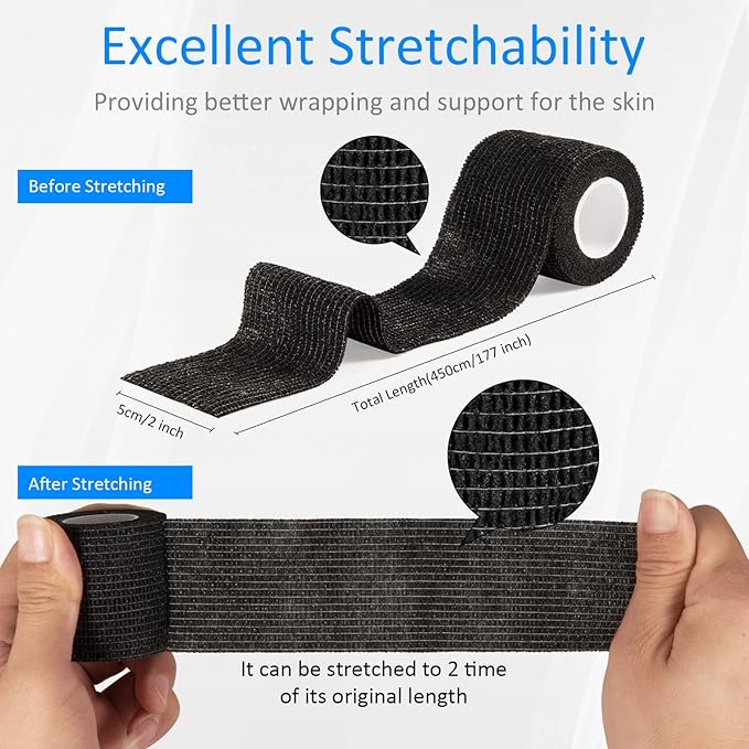 12 Pack Self Adhesive Bandage Wrap 2 Inches x 5 Yards Elastic Bandage Wrap Self Adherent Cohesive Tape Bandages for Wrist Ankle Vet Wrap for Dogs Swelling Sprains Athletic Tape Grip Cover (Black)
