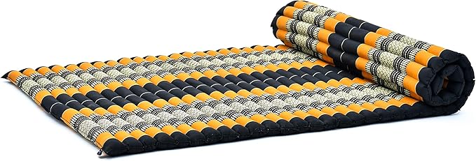 Leewadee - Kapok Roll Mat – Handcrafted Folding Sleep & Relaxation Mattress from Thailand, Ideal as Guest Bed, Camping Mat, Yoga Mat or Traditional Futon, 75 x 39 inches, Black Orange