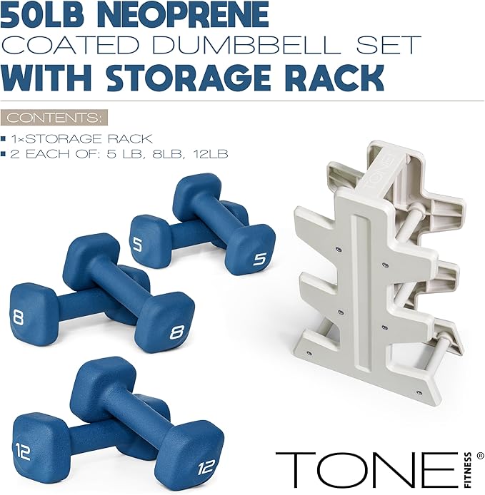 Tone Fitness Neoprene Dumbbell Set with Storage Rack – Non-Slip, Anti-Roll Hand Weights for Home Gym Workouts | 20 lb, 32 lb, & 50 lb Options
