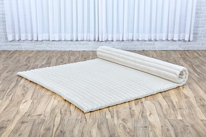 Leewadee - Foldable Floor Mattress - Japanese Roll Up Futon -Trifold Tatami Mat- Guest Floor Bed - Camping Mattress - Thai Massage Mat, Kapok Filled, 75 x 57 inches, Ecru