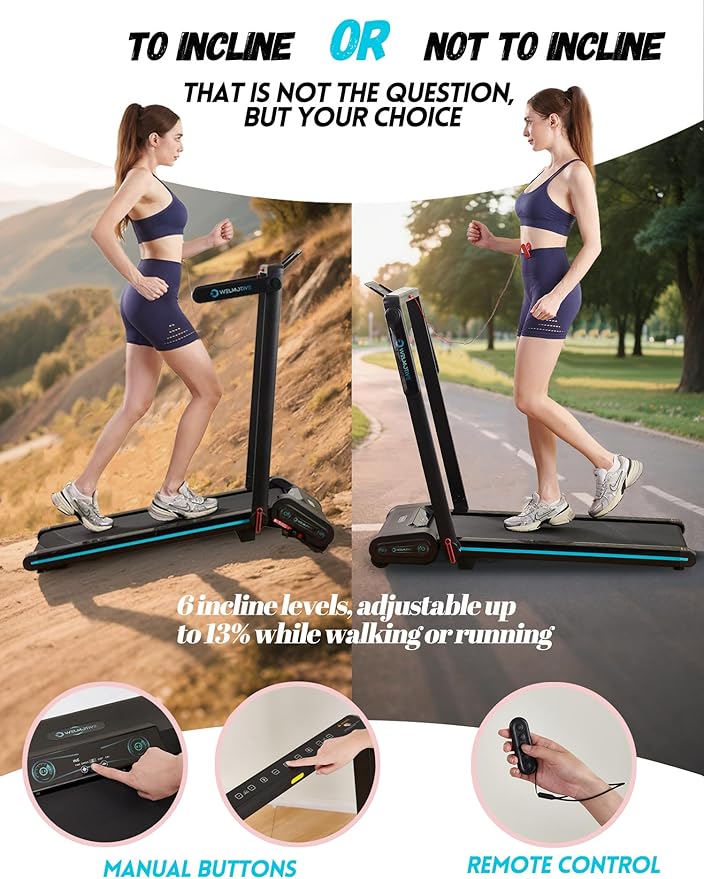 Treadmill with Auto Incline Walking Pad Underdesk for Home Office Potable Compact Running Machine Jogging Caminadora para Casa Up to 13% 6 Levels with Remote Control Indoor Fitness Black