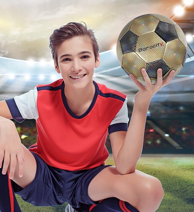 Soccer Ball - Premium Boy and Girl Official Match Ball with Cool Reflective Iridescent Rainbow Hex Pattern, Durable, Indoor, Outdoor, Training, Practice, Playtime and Games