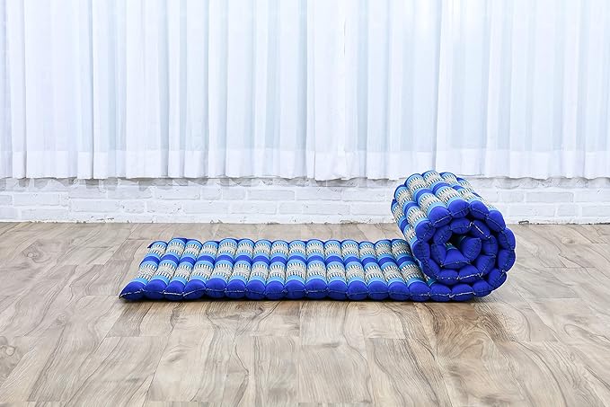 Leewadee - Foldable Floor Mattress - Japanese Roll Up Futon -Trifold Tatami Mat- Guest Floor Bed - Camping Mattress - Thai Massage Mat, Kapok Filled, 75 x 28 inches, Blue