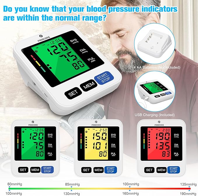 Blood Pressure Monitor Upper Arm Blood Pressure Machine for Home Use BP Cuff Kit, Large 3-Color 3.4'' Display with Backlight,Pulse Rate Detection Meter with Cuff 22-42cm/2×99 Sets Memory (Black)